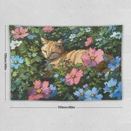 FeoYoed Tapestry Wall Hanging Aesthetic Decoration For Bedroom Living Room Wall Art Tapestries Cat Resting Among Flowers Pixel Style 40"x60"