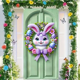 BlissYard Easter Bunny Door Banner 71x35 Inch Cute Bunny Door Cover Wreath Egg Easter Decor Banner Accessory Hanging Cover Sign Decoration for Happy Spring Party Favors（Banner,Not a Real Wreath）