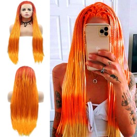 Long Braided Wig Ombre Orange Fluorescent Orange Braided Lace Front Wigs for Women Hand Knoted-Braided Hair Soft Braids Orange Glueless Synthetic Box Micro Braid Wig Cosplay Makeup Daily 24Inch