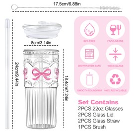 LAUDEE 22 Oz Ribbed Glass Cups with Lids and Straws Glassware Set with Pink Bow Glass Tumbler Iced Coffee Cups,Ideal for Iced Coffee Tea, Milk, Smoothie,Hot Drinks,Set of 2