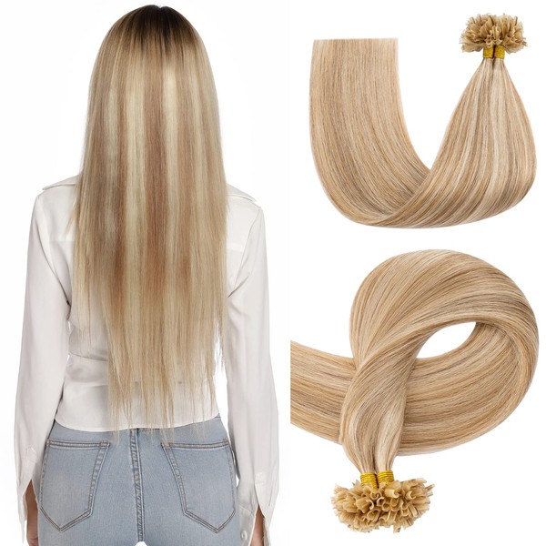 S-noilite Balayage U Tip Pre Bonded Human Hair Extensions Golden Brown mix Bleach Blonde 200strands 100g 20Inch Keration Fusion Nail Tip Hairpiece Silky Straight Brazilian Human Hair For Women #12/613