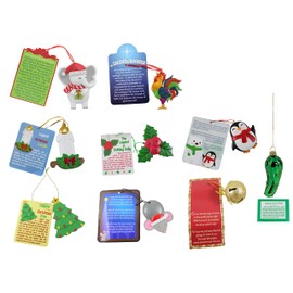 Set of 9 Christmas Ornaments for Tree - Several Styles of Legends of The Mouse, Tree, Candle, Holly, Penguin, Bell, White Elephant, Rooster, Pickle. Christmas Holiday Decorations.