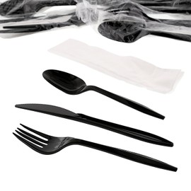 AmerCare Four Piece Meal Kit with 12 x 13 Napkin, and Black Medium Weight Fork, Knife, and Teaspoon, Case of 250