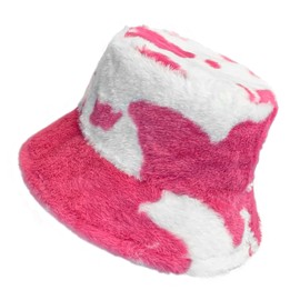 Yonchic Winter Soft Faux Fur Plush Bucket Hat, Lovely Fisherman Cap, Fashion Outdoor Thick Warm Sun Cap for Women, Cow Pattern Hot Pink, One Size