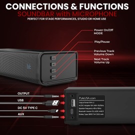Pyle Wireless Soundbar with Mic and Remote Control, 10 inches 20W 2 Wireless Microphones, 5.0, A2DP, AVRCP Bluetooth Karaoke Sound System, USB, AUX-in, AUX Out,Black