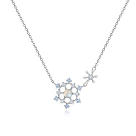 KFG Sterling Silver Platinum Plated Snowflake Necklace for Women Inlaid with Moonstone & 5A Cubic Zirconia for Girls