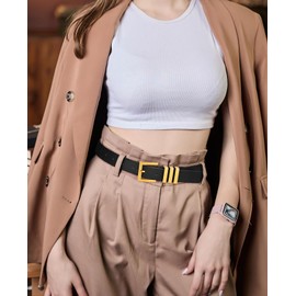 XZQTIVE Plus Size Women's Leather Belts for Jeans Pants Dress Fashion Ladies Waist Belt with Square Gold Buckle, L-black(vintage Buckle), Small: fits waist from 25"-30"