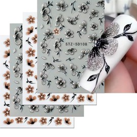 Fall Nail Art Stickers Decals 5D Embossed Flower Nail Decals 4 Sheets Glitter Gold Sliver Design Autumn Nail Stickers Flower Stickers Nail Art Supplies for Women Autumn Manicure Nail Art Decorations