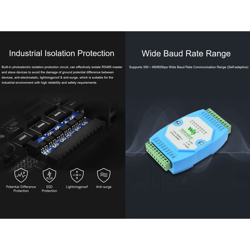 8-ch RS485 Hub with RS485 Network Relay, Extension, Isolation Functions,