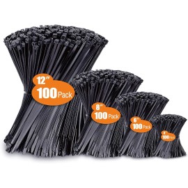 ANOSON Zip Ties Assorted Sizes(4”+6”+8”+12”), 400 Pack, 4+6+8+12 (400 Pack), Black