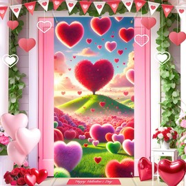 BlissYard Valentine's Day Door Cover 70x35 Backdrop Photo Background with Heart-Shaped Tree and Romantic Grassland Design for Party, Wedding, Indoor, and Outdoor Decorations