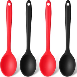 Patelai 4 cucharas de silicona multicolor pequeñas, antiadherentes, de silicona, para servir de cocina, cocina, cocina, hornear, mezclar herramientas (rojo, negro)