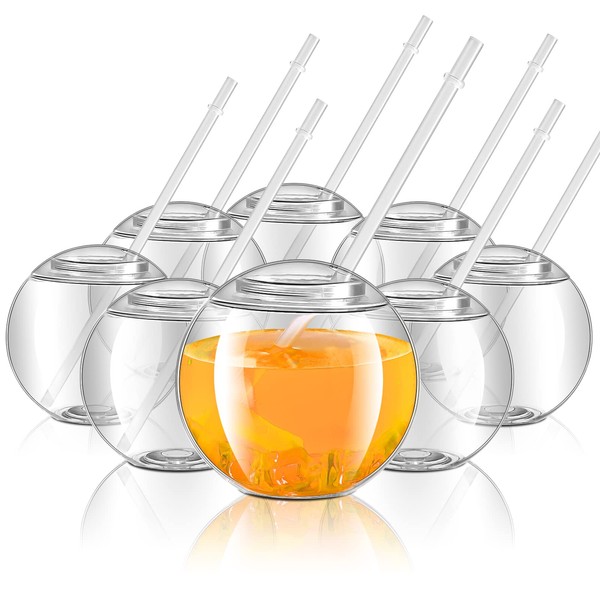 8 Pieces Fish Bowls for Drinks with Lids and Straws 22 oz Fishbowl Cups Clear Plastic Fish Bowls Reusable Fish Bowl Drink Cups Spherical Drinking Party Glasses for Drinking Party Supplies Table Decor