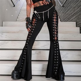 Insgoth Y2k Bell Bottom Pants for Woman Gothic Black Lace-Up Cutout Stretch Punk