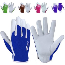 Leather Work Gloves Gardening Breathable Rigger Thorn Proof Palm Building Heavy Duty Gardening Gloves Ladies Mens Gripper Utility (Blue, Large)