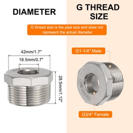 sourcing map 2 Pcs 304 Stainless Steel Reducer Hex Bushing G1-1/4 Male x G3/4" Female Threaded Reducing Pipe Adapter Fitting with PTFE Tape for Plumbing, Fuel Lines, and Pneumatic Systems