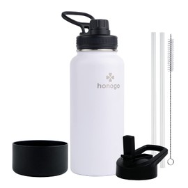 honogo 32 oz Powder Coated Double Wall Vacuum Insulated Sports Water Bottle, 18/8 Stainless Steel Wide Mouth Thermal Flask with Straw Lid & Spout Lid, Leak Proof, Sweat Free, BPA Free (White, 32 oz)