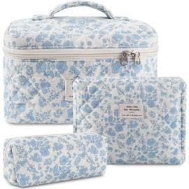 3 Pcs Cotton Quilted Makeup Bag Set,Floral Makeup Bag,Cute Makeup Bag,Travel Makeup Bag,Large Toiletry Cosmetic Bag Makeup Bag Organizer for Women Girls