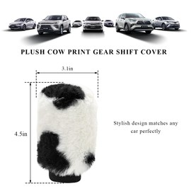 BWBWND Cow Print Car Shift Knob Cover, Cute Cow Print Anti-Slip Plush Shifter Stick Protector for Winter Warm, Soft Fluffy Comfortable Grip Printed Gear Shift Covers for Women Girls