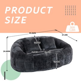 MOONMISS Bean Bag Sofa, Comfy Loveseat Sofa with 2 Pillows, Soft Giant Bean Bag Chair, Cozy Round Lazy Couch with Wide Backrest for Living Room, Reading Room and Bedroom, Black