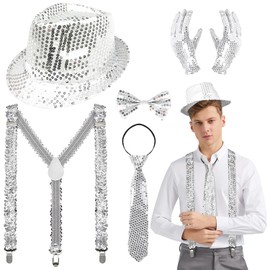 Lunriwis Glitter Outfit Men's Set of 5, Glitter Shirt Fancy Dress Men, Hat Glitter Costume, Sequin Bow Tie, Gloves for Fancy Dress Costume Disco Party Performance