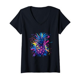 Womens Colorful Hawaii Summer Colorsplash Pineapple V-Neck T-Shirt