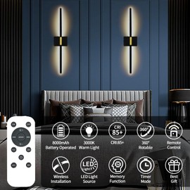 Wall Sconces Set of 2 Battery Operated, 8000mAh USB Rechargeable Wall Sconce with Remote Control, 360°Rotate Dimmable 3000K-6000K LED Dimmable Picture Lamp for Living Room, Bedroom, Hallway (28inch)