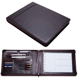 Geslun 7 Ring Check Binder, Genuine Leather Business Checkbook Cover Holder, 3-On-A-Page for 600 Checks (9 x 13”), Desk Commercial Cheque Zippered Folder, Dark Brown, Oil Tanned