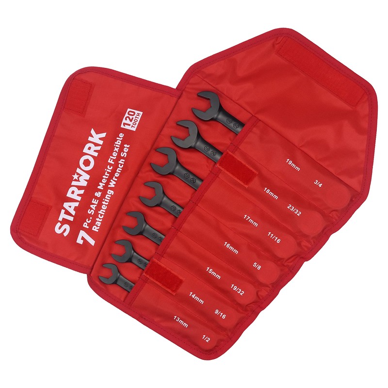 STARWORK TRUE MECHANIC™ 7Pc. 120T SAE&Metric Flexible Ratcheting Wrench Set,