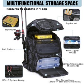 HAMBOLY Fishing Backpack with Rod Holders, 40L Tackle Box Backpack for Fishing Gear, Waterproof Fishing Bag for Men (Black and Blue Camo)