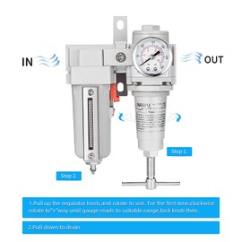 NANPU 1/2" NPT High Pressure Air Filter/Regulator Combo, T-Handle, Semi-Auto Drain, 0-300 Gauge, Metal Bowl