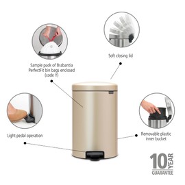 Brabantia New Icon Step Trash Can (5.3 Gal/Metallic Gold) Soft Closing Kitchen Garbage/Recycling Can with Removable Bucket