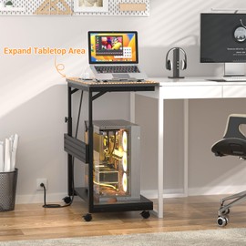 Besiost Computer Tower Stand with Power Strips, 4 Levels Manual Height Adjustable PC Tower Stand for Under Desk, Mobile Rolling CPU Holder, Computer Cart with Wheels, 24", Carbon Fiber Black