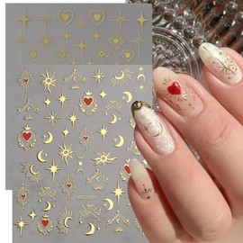 8 Sheets Gold Nail Art Stickers Decals Nail Supplies 3D Self-Adhesive Nail Decals Metallic Stars Moon Butterfly Heart Gold Design Stickers for Women Manicure Tips Acrylic Nails DIY Nails Art Supplies