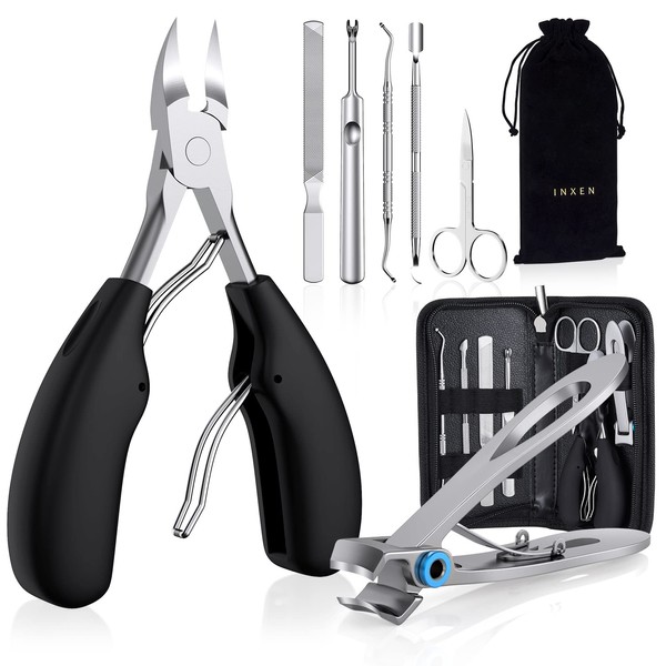 INXEN Toenail Clippers for Thick or Ingrown Nails, 7Pcs Professional Nail Clippers Manicure Set, Podiatrist Toenail Nippers, Stainless Steel Soft Grip Pedicure Toenail Scissors for Men and Women,Black