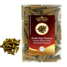 Yogic Mantra Nag Champa Incense Cones | 60 Dhoop Cones | 1.5 Inch Size | Sandalwood Fragrance | Frangipani Dhoop Batti | Aromatherapy Meditation Agarbatti Stick | for Diwali Pooja, Holy Puja Prayers