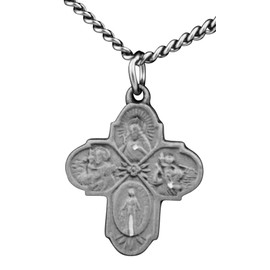 Jeweled Cross Small Pewter Four-Way Medal with 18" Chain