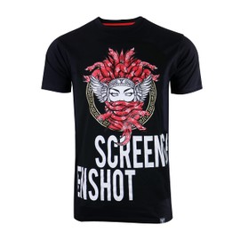 SCREENSHOT-S11218 Mens Hip-Hop Streetwear Premium Quality Tee - Snake Head & Mask Medusa Goddess Patch Embroidery Gel Print T-Shirt-Black/Red-Large