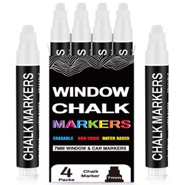 White Chalk Markers for Blackboard, Window Markers Thick, Liquid Chalk Pen with 7mm Wide Thick Tip & Erasable Paint, Jumbo Marker for Chalkboard Blackboard Sign Glass Menu Board Mirror Poster - 4 Pack
