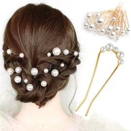 [Set of 19] Hairpin Hair Ornaments with Pearl, Gold/Silver/Bronze/Black, Hair Comb, Women's Hair Accessories, Hair Ornament, U-Shaped, Geometric, Marble Pattern, Marble-Style, Hair Arrangement, Bulk