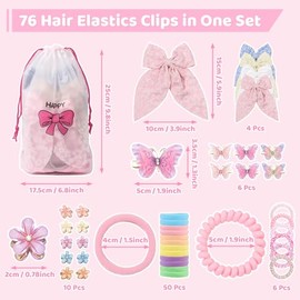 76Pcs Pink Little Girls Hair Accessories Set with Elastic Hair Ties Clips | Elastic Spiral Hair Ties for Thick Hair,Crystal Flower Hair Claws, Butterf