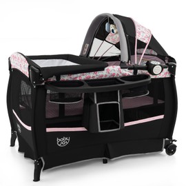 BABY JOY 4 in 1 Pack and Play, Portable Baby Playard with Bassinet & Flip-Away Changing Table, Canopy, Infant Bassinet with Storage Basket, Oxford Bag from Newborn to Toddlers (Pink Flower)