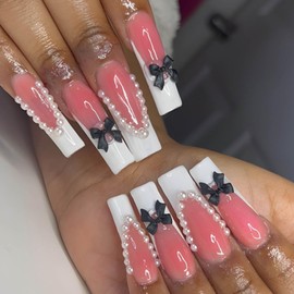 Gifiky 24Pcs French Tip Press on Nails - Long Coffin False Nails with Acrylic Pearls Bow Design,Pink Fake Nails for Women,Reusable Glue on Nails Full Cover Tips