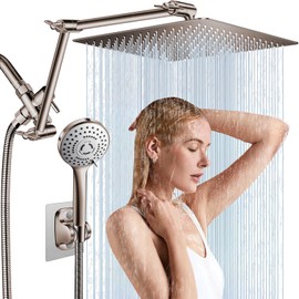 Cabezal de ducha de lluvia combinado de 12'', cabezal de ducha de lluvia de alta presión con brazo de extensión ajustable en altura/ángulo flexible de