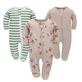 Newborn Baby Boys Girls Romper with Foot Baby Pyjamas One-Piece Long Sleeve Jumpsuit Infant Spring Autumn Bodysuit, Pack of 3, apricot