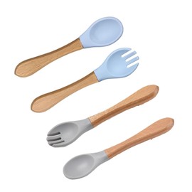 WADY Juego de 4 Cucharas y Tenedores de Silicona para Bebé con Punta Blanda - Utensilios de Alimentación para Niños (Azul+Gris)