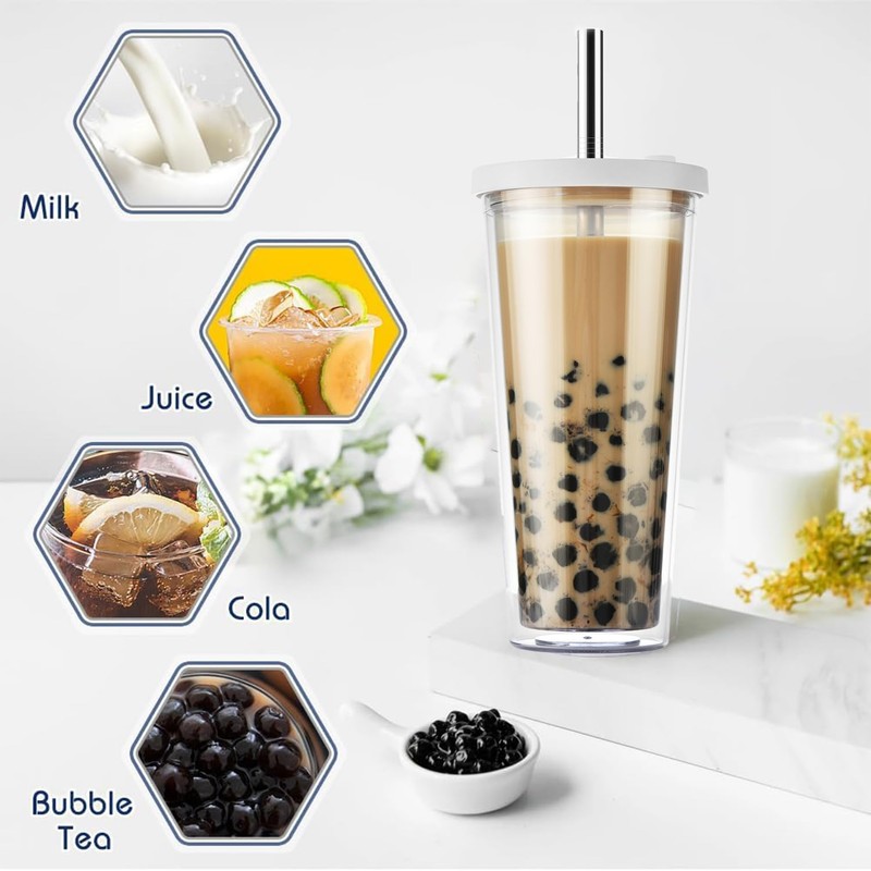 ALINK Bubble Tea Cup, Drinking Cup with Lid and Straw,