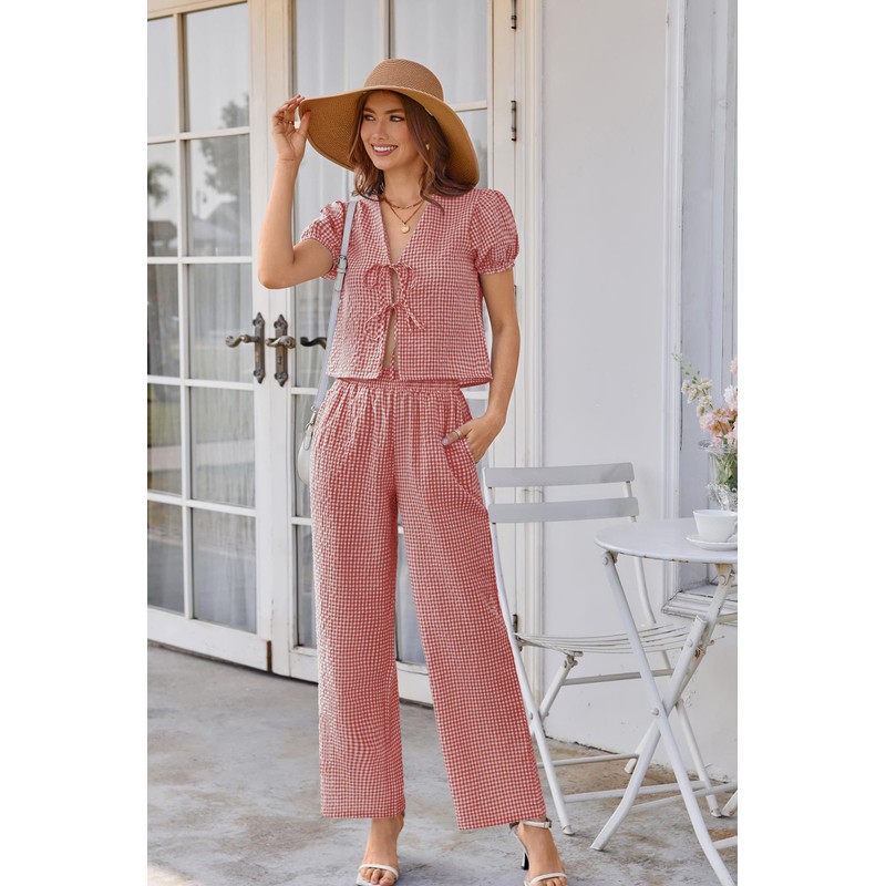 SYNEELIFE Women Gingham Matching Set Short Puffed Sleeve Bow Tie