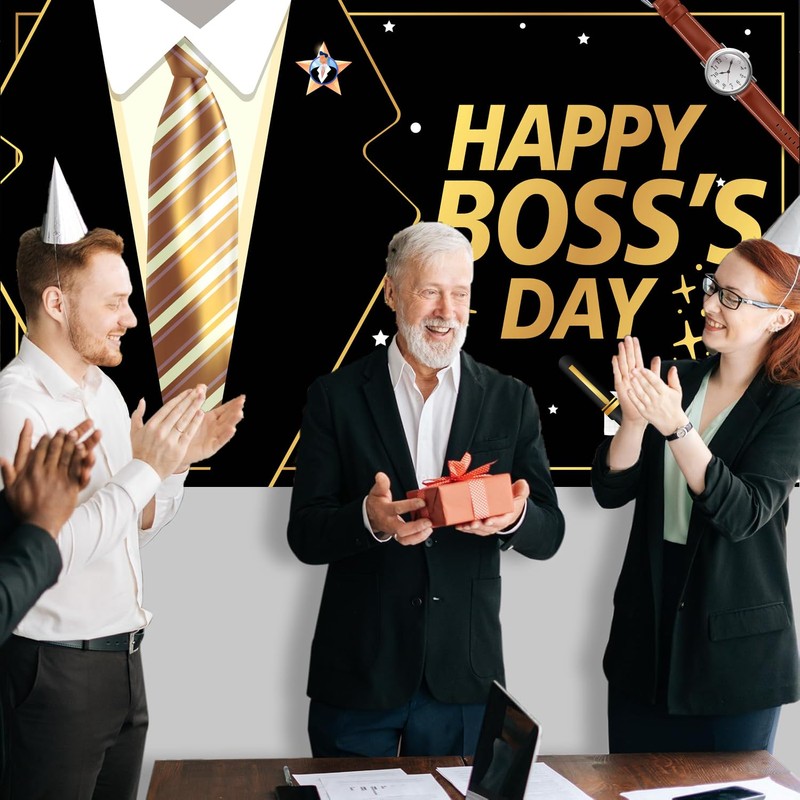 Happy Boss's Day Banner Backdrop, Black Gold Boss's Day Decorations,