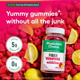 Physician’s Choice Fiber Gummies for Digestive Health & Regularity - Raspberry Lemon Flavor - No Sugar Added & Vegan - Natural Chicory Root Prebiotic Fiber - Daily Gummy for Adults, Women & Men - 60CT